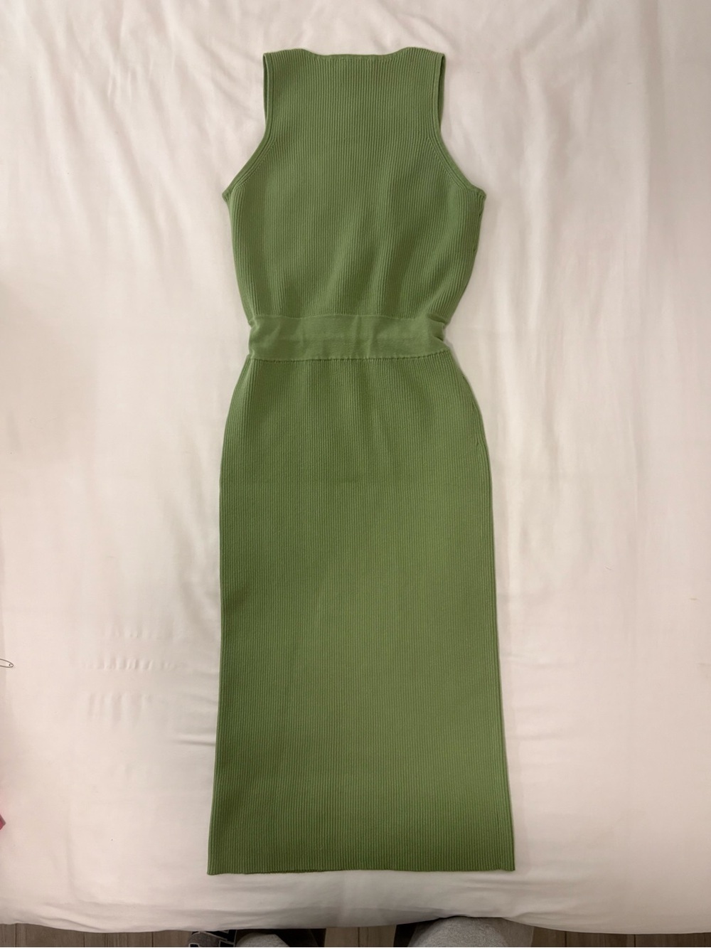 Saks Fifth Avenue Olive Green Ribbed Tank Midi Dress with Tie Waist - Picture 2 of 5